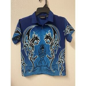 Vintage Kids Tribal Dragon Blue Button Down Camp Shirt No Boundaries Size XS